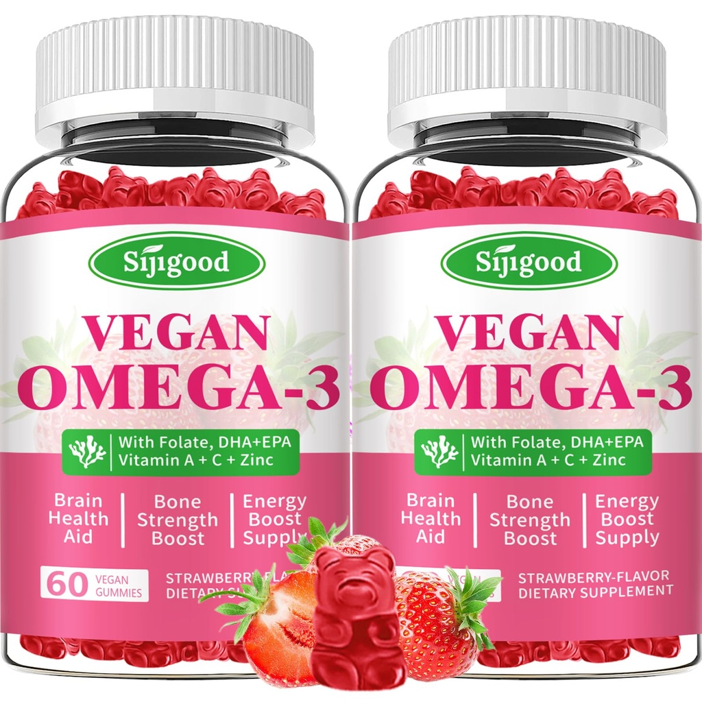 Omega-3 Gummies Potent Alger Omega Kilde, Boost Brain, Eye & immunfunktion, med DHA og EPA Vegan & Sugar Free, Strawberry Flavor, 120 Greve