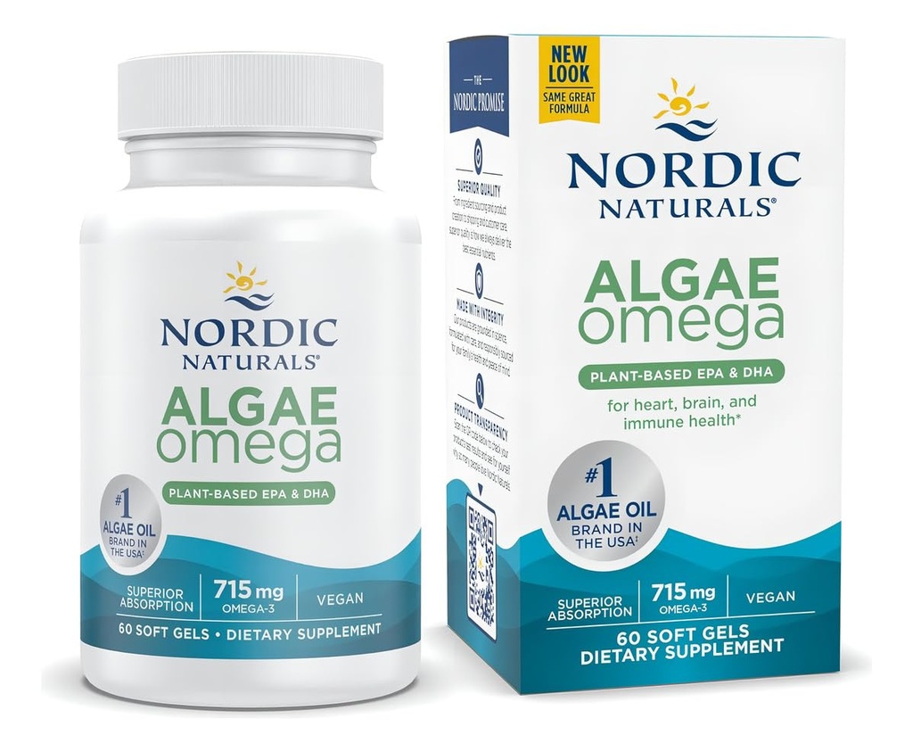 Nordic Naturals Algae Omega - 60 Soft Gels - 715 mg Omega-3 - Certified Vegan Algae Oil - Plant-Based EPA & DHA - Heart, Eye, Immune & Brain Health - Non-GMO - 30 Servings