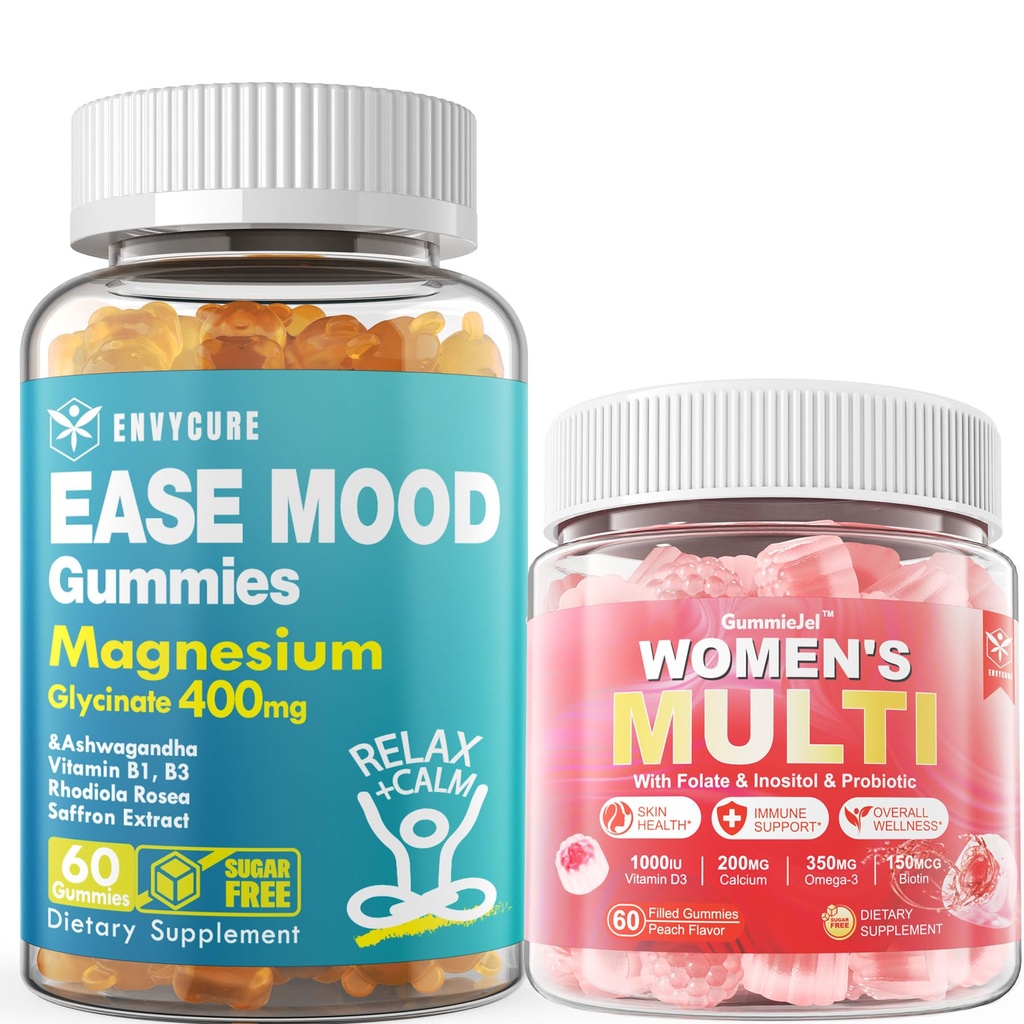 Sukkerfri Magnesium Glycinat Glycinat 400 mg med Ashwagandha + Dame Multivitamin Gummies w Omega-3, Calcium, Enzymer & Probiotika