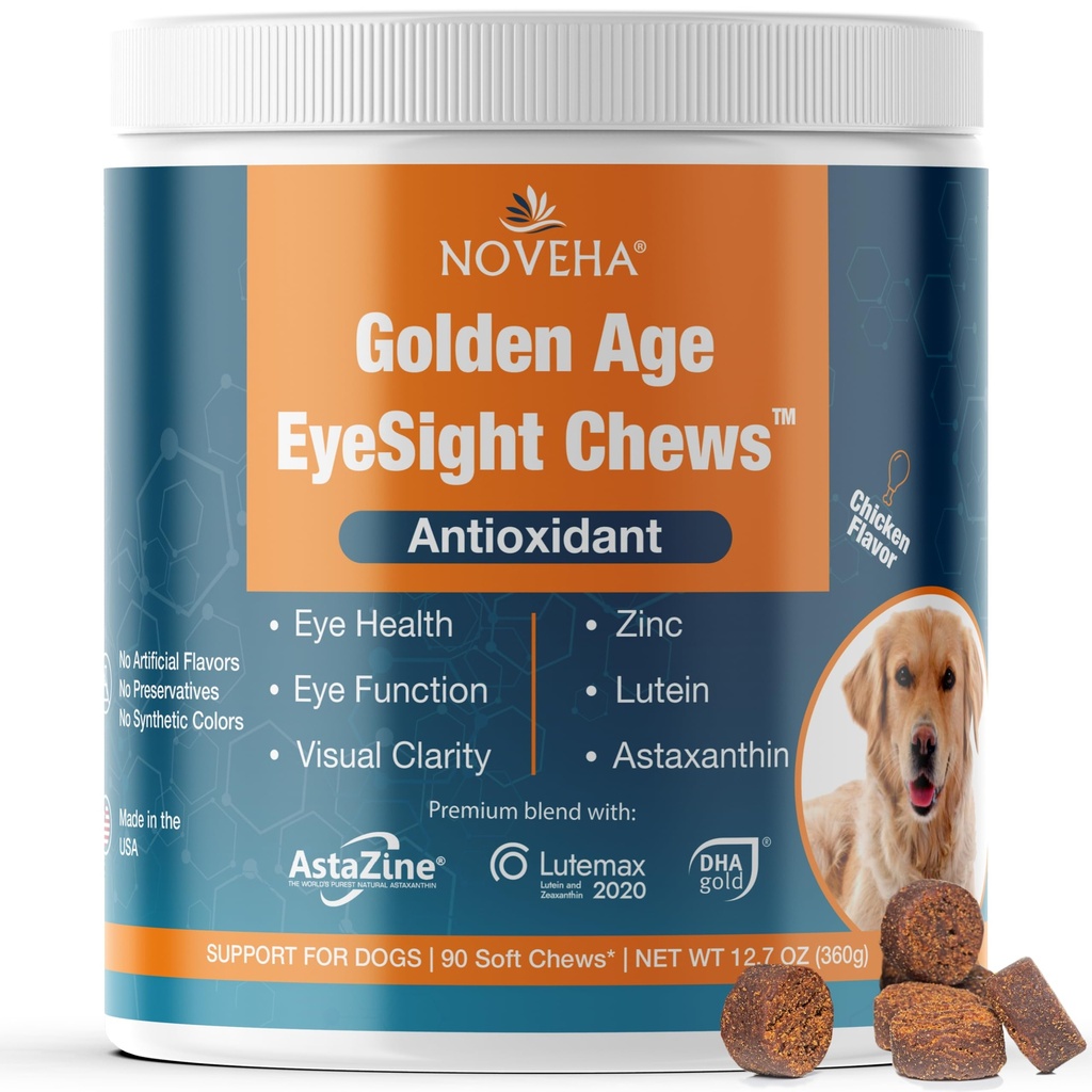 NOVEHA Eye supplement til hunde (90 Chews) - Vision Support med Lutein + C-vitamin & Astaxanthin Antioxidanter - Hundevitaminer til øjne + fiskeolie til Omega 3 EPA - Made in USA