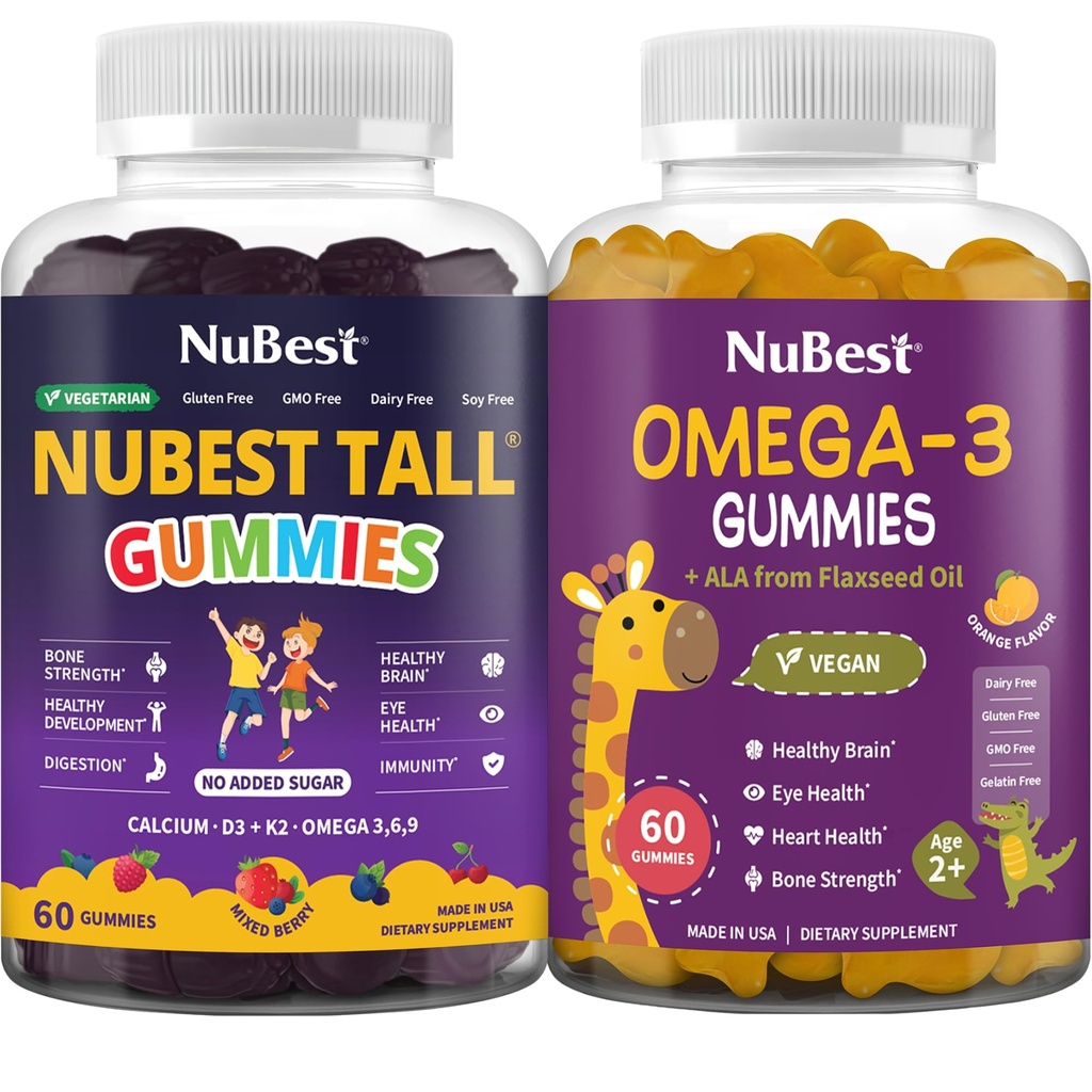 NuBest Bundle: Daglige vingummi til omfattende udvikling, hjerne sundhed, øje sundhed Tall Gummier og Omega 3 Flaxseed Oil for Kids & Teens