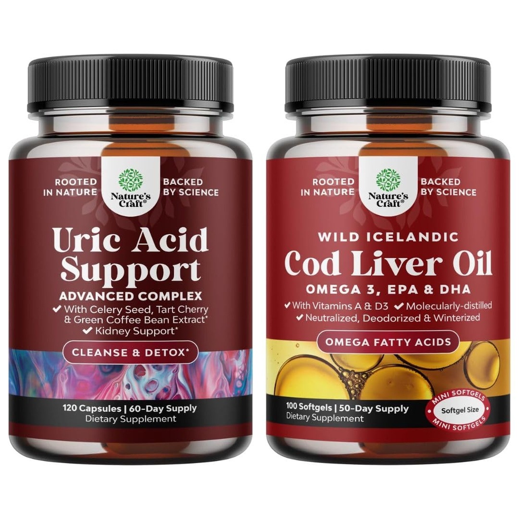 Bundle of Green Coffee Bean Extract for Uric Acid Cleanse - Gurkemeje Tart Cherry & Selleri frø og islandske vilde fanget Cod Lever Oil Softels - Fish Omega 3 EPA DHA Vitamin D & A 1000mg Per Servering