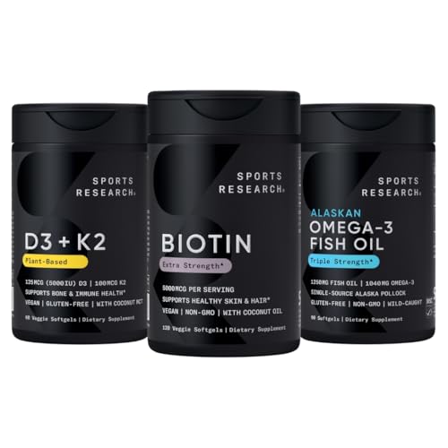 Sports Research ® Sund Hår Pack - Biotin 5.000mcg med Organic Coconut Oil + Vegan Vitamin D 5000iu & Mk7 Vitamin K 100mcg + Omega-3 Fish Oil 1250