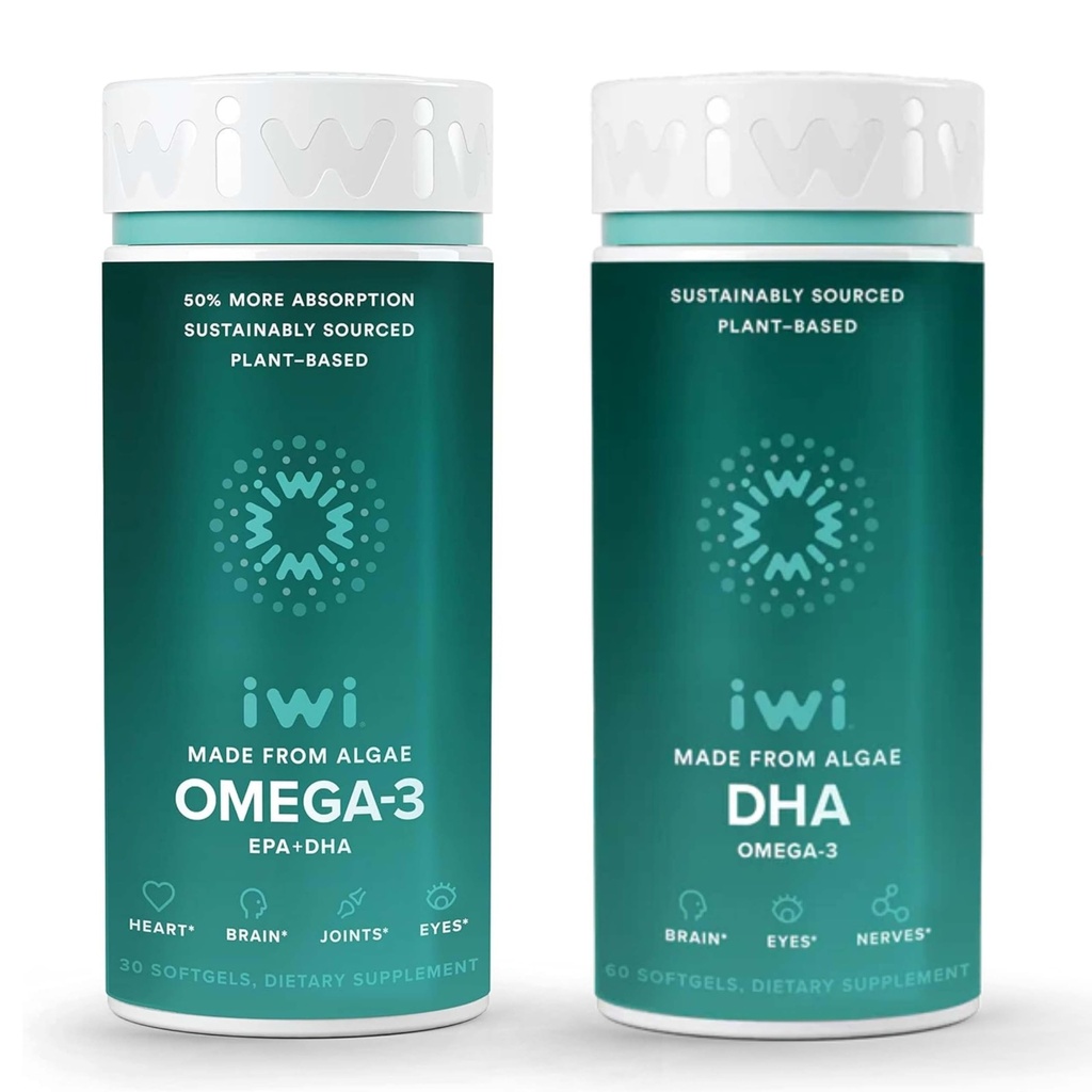 Iwi Omega-3 & DHA Omega-3 Bundle, 30 Servering, Vegan Plant- baseret Alger Omega 3, Krill & Fish Oil Alternative, Ingen Fishy Eftersmag