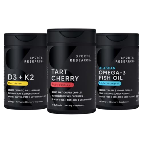 Sports Research ® Multivitamin Pack w / CherryPure ® Tart Cherry Fruit Complex 800mg, Vitamin D3 5000iu + K2 100mcg, og Alaska Omega-3 Fish Oil 1250mg - Non- GMO · Sukkerfri · Glutenfri