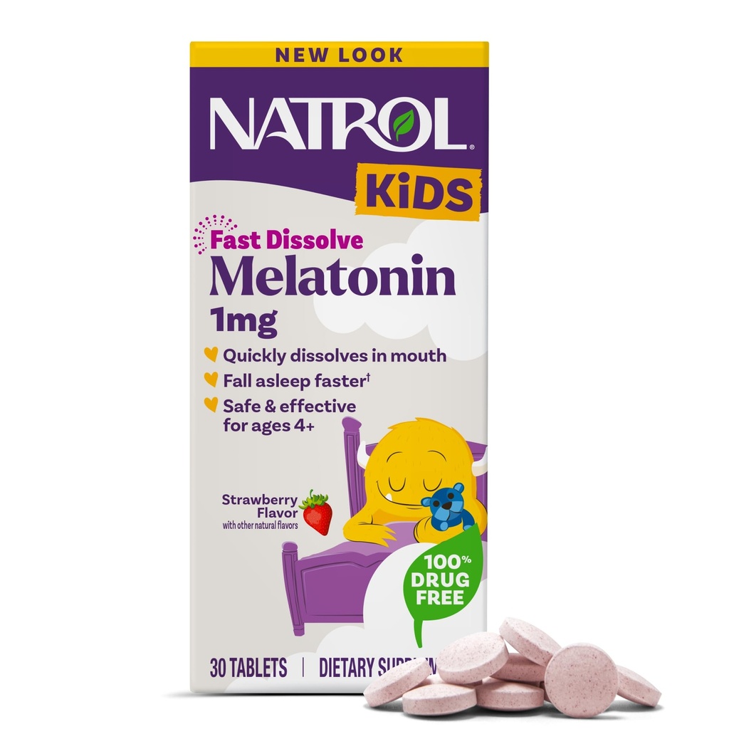 Natrol Kids Fast Opløs Melatonin 1 mg, Kosttilskud til afslappende søvn, Sovetabletter til børn, 30 Strawberry- aromatiserede Melatonin tabletter, 30 dages forsyning