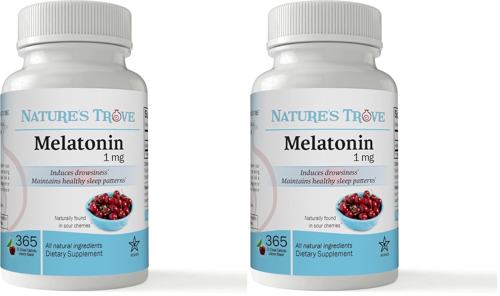 Nature 's Trove Melatonin 1mg 365 EZ- Chew Tablets Cherry Flavor (pakke med 2)