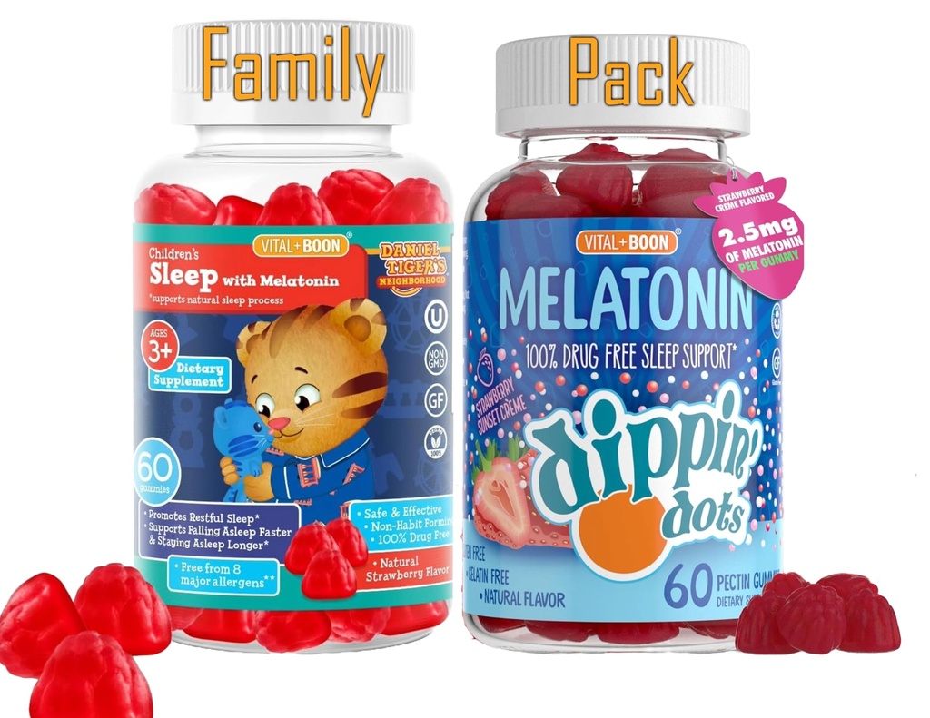 Melatonin Sleep Gummies Bundle Familie Pack - Kids & Voksen- 124; Daniel Tiger & Strawberry Sunset Crème Flavors