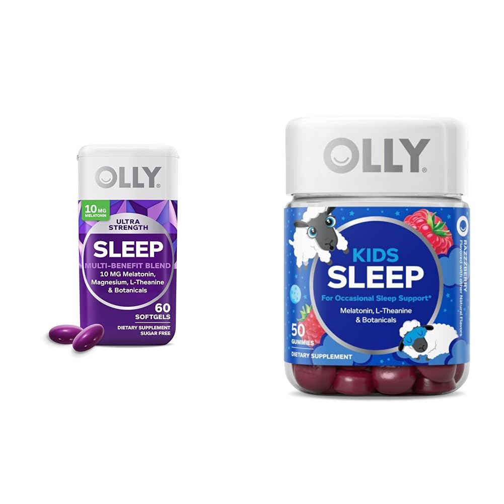 OLLY Sleep Bundle med Ultra Strength Softgel, 10mg Melatonin, og Kids Gummies, 0.5mg Melatonin, Lejlighedsvis Sleep Support