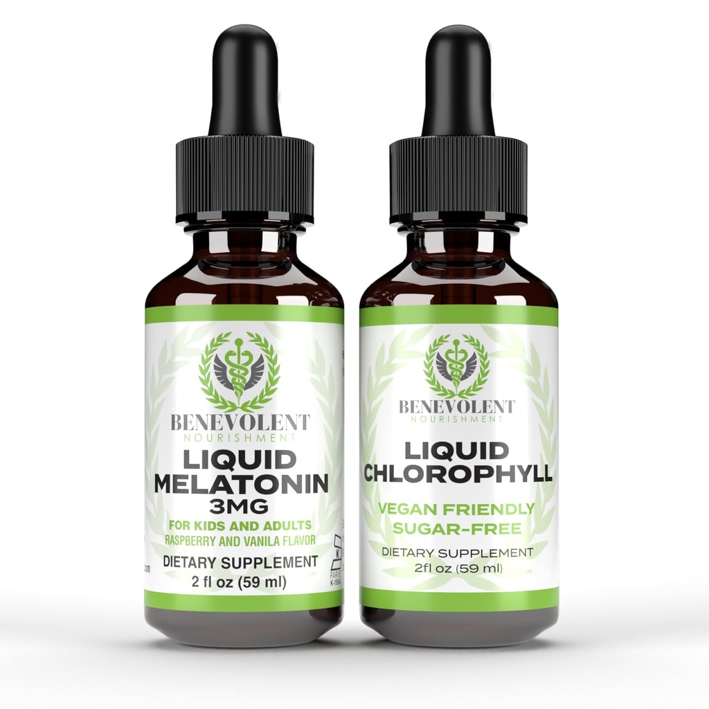 Flydende Melatonin til børn og voksne 3 mg & Flydende Chlorophyll Bundle - Naturlige dvalehjælp Drops, Berry Vanilla Flavor, Lavet i USA - Søvnstøtte & Skin Support