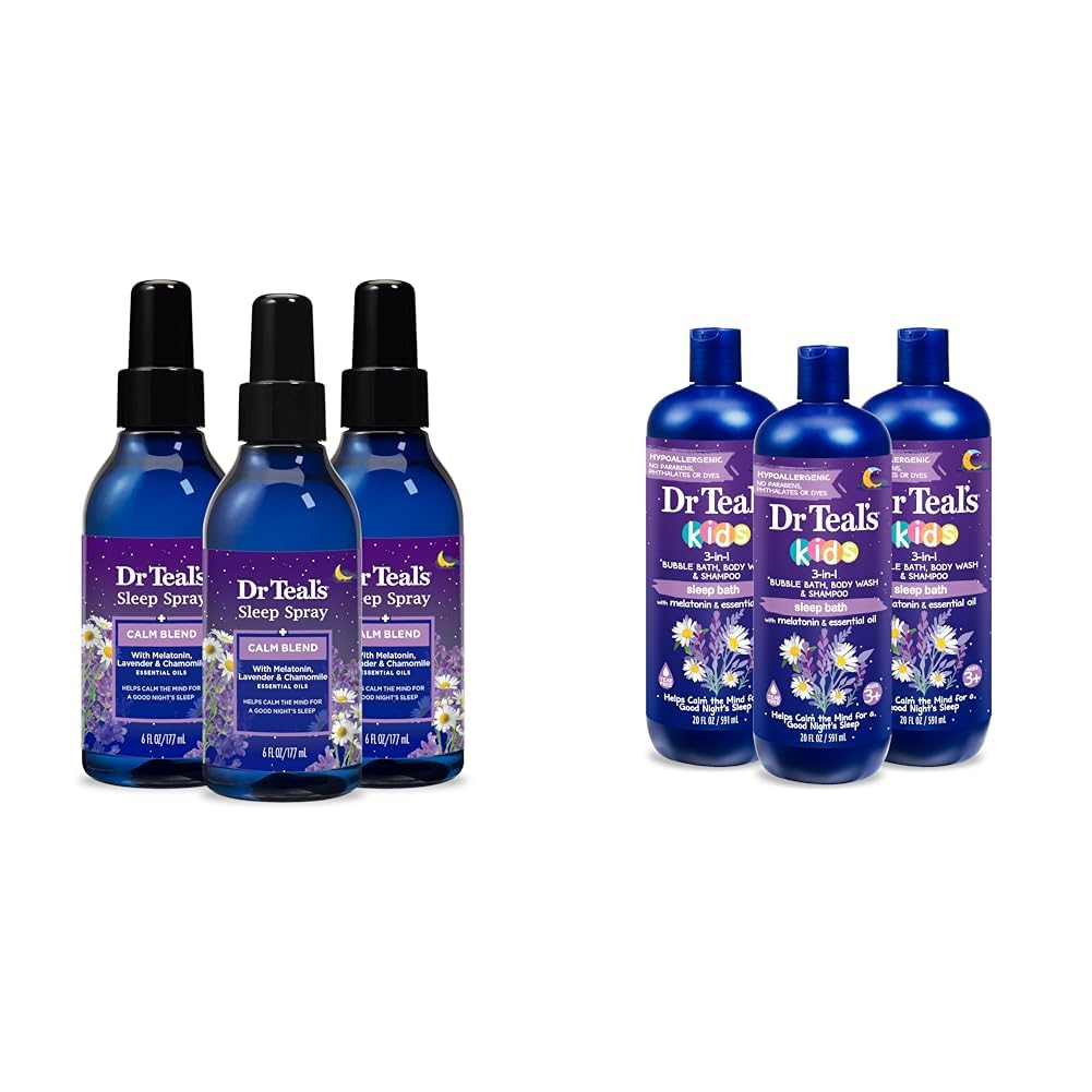 Dr. Teal 's Sleep Spray med Melatonin & Essential Oil Blend, 6 fl oz (Pack of 3) & Kids 3- in-1 Sovebad: Bubble Bath, Body Wash & Shampoo med Melatonin & Essential Oil, 20 fl oz (Pack of 3)