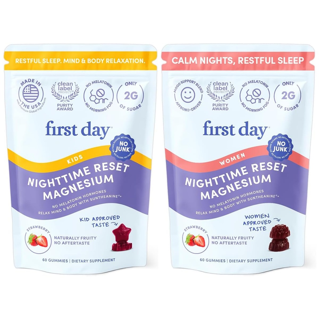 FIRST DAG Kids & Womens 'Calming Magnesium Gummies (Strawberry) # 124; Rest & Energy Bedtime Supplement # 124; Balanceret mood # 124; No Melatonin # 124; Clean Label Project Verified ® # 124; Vegan, non-GMO # 124; 30- Day Supply