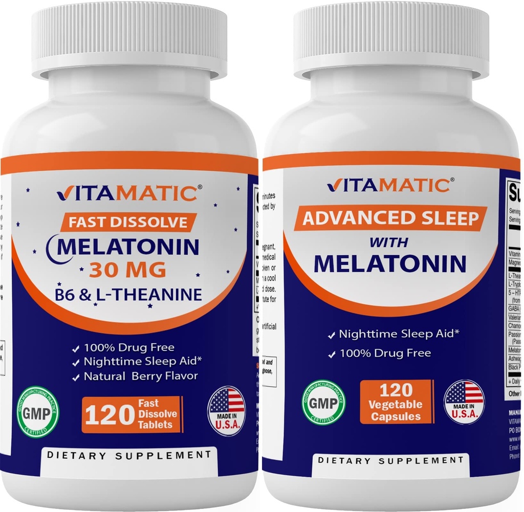 Vitamatisk melatonin 30mg Lavet med B6, Magnesium, L- Theanin, L- Tryptophan, 5- HTP, GABA, Valerian, Kamille, Passion Flower, Ashwagandha & Black Pepper