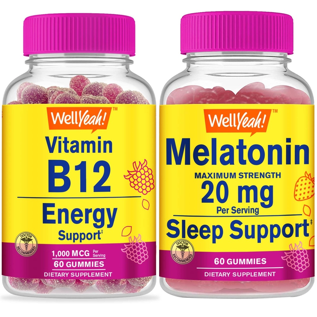WellYe Vitamin B12 1000mcg + Melatonin 20mg, Gummies Bundle - Great Tasting, Vitamin Supplement, Gluten fri, GMO fri, Chewable Gummy