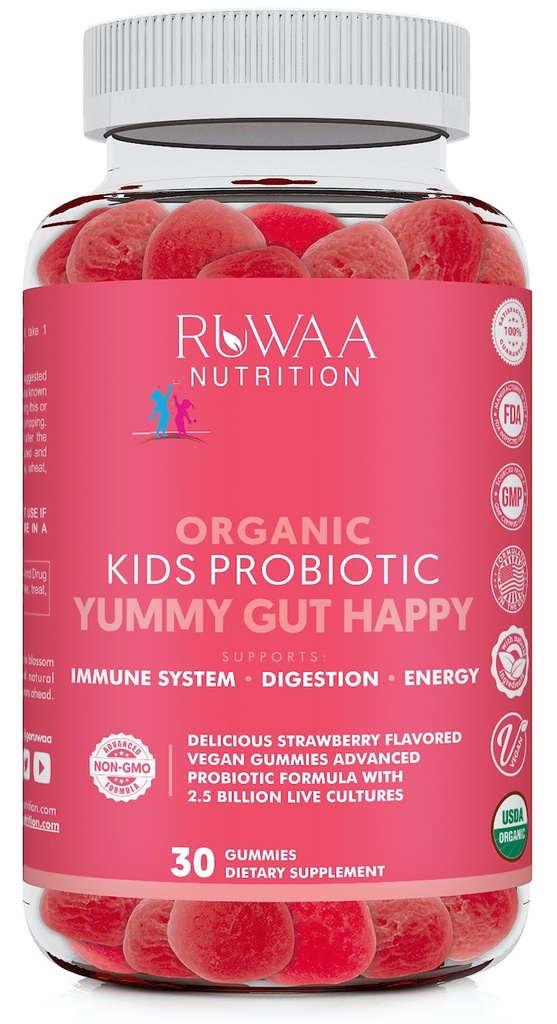 RUWAA NUTRITION Kids Organic Probiotic Gummies for fordøjelsessygdomme, immunforsvar, obstipation, bloating. 2.5 Millioner CFU, Strawberry Flavor, Chewable Probiotika til børn i alderen 4 +, 30ct (1)