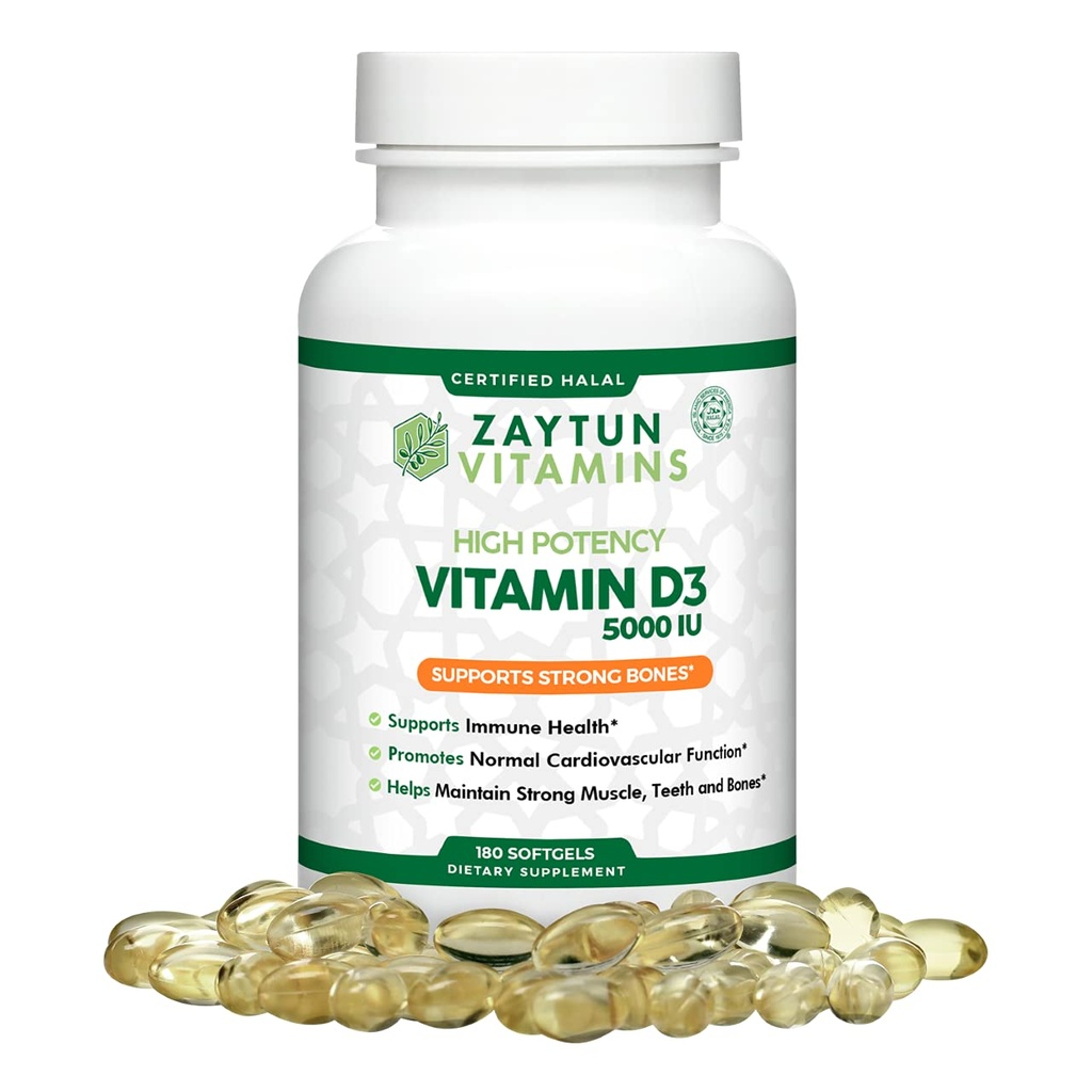 Zaytun Halal Vitamin D3 5000 IE, 180 Mini Softgels, understøtter knogler, sund muskelfunktion & immunforsvar, Premium Vitamin D fra Safflor Oil, 6 Måneder Supply, Non- GMO, Gluten- Free, Made in USA