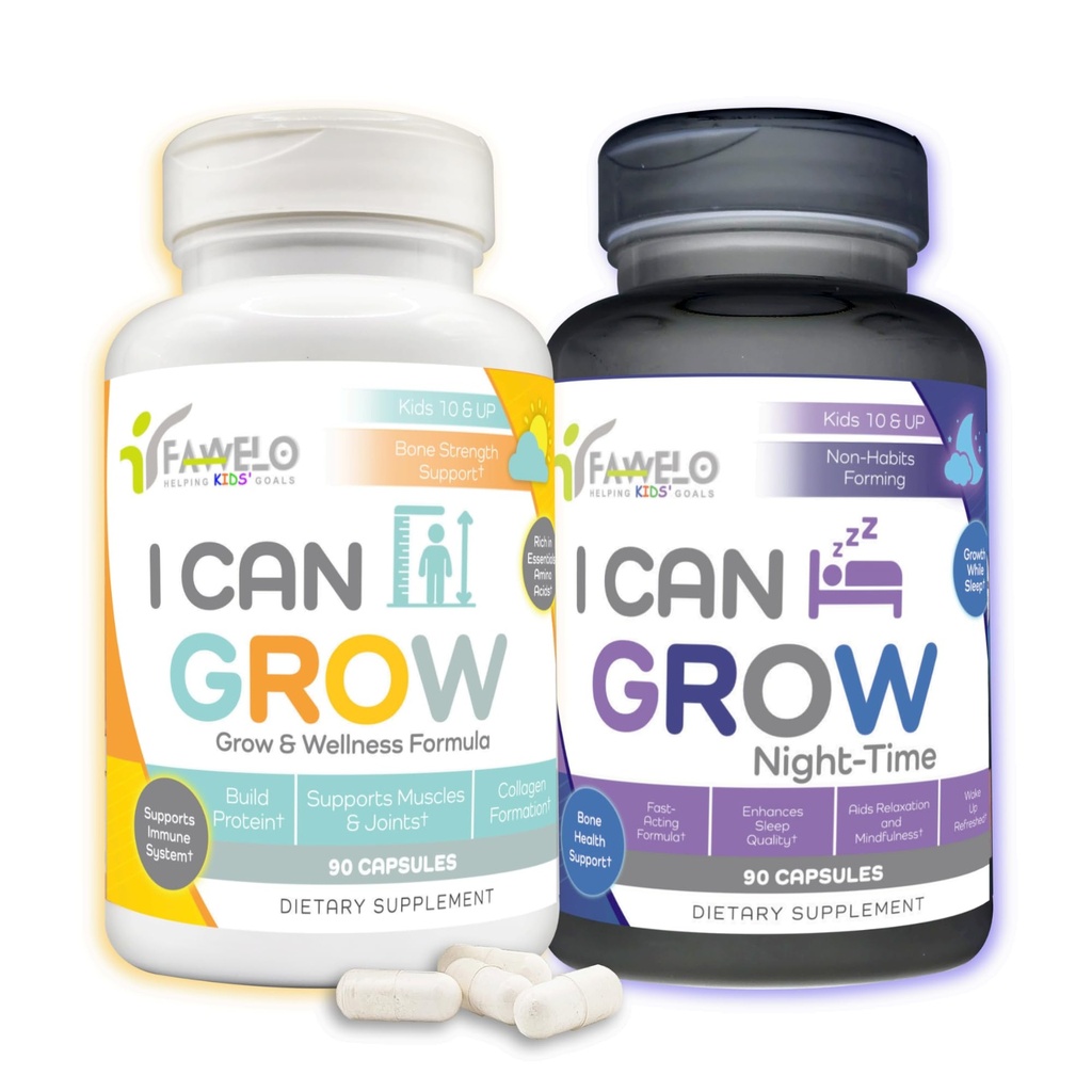 I Can Grow Day & Night Bundle for Kids 10 + & Teens; Vækst Support med L- Arginin, Colostrum, Magnesium- 124; Nourish Daily + Nighttime Sleep Aid for Maximum Højde & Development