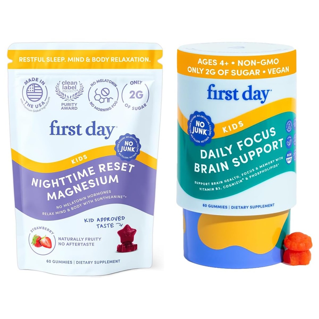 FIRST DAG Kids Calming Gummies (Strawberry) & Brain Focus Gummies (Peach) for Rest & Opmærksomhed Meading & Energy Meading 124; No Melatonin Mead124; Stimulant- Free Mead124; Clean Label Project Verified ® Meading124; Vegan Meading124; 30- Day Supply