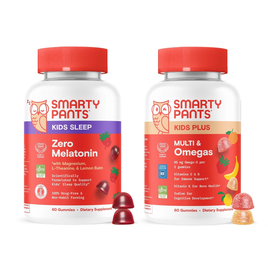 SmartyPants Kids Daily & Nighttime Wellness Bundle: Multivitamin + Sleep Gummies med L- Theanine, Lemon Balm & Magnesium - Drug- Free, Non- Habit Forming, 60 Greve (Pack of 2)