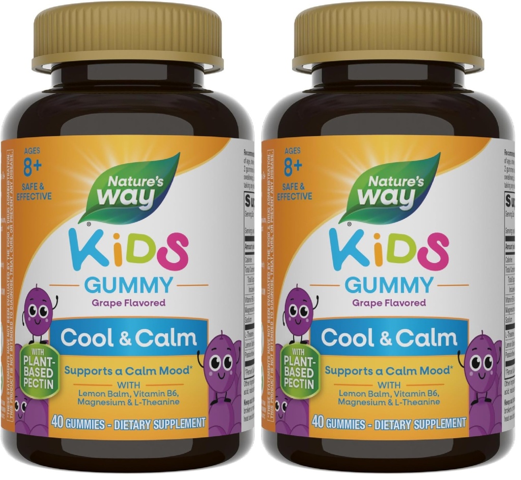 Nature 's Way Kids Cool & Call Gummies, Understøtter en rolig mad i Kids Age 8 + *, Lemon Balm, Magnesium, Vitamin B6, L- Theanine, Grape Flavored, Vegetar, (Packaging May Vary), 40 Greve (Pack of 2)