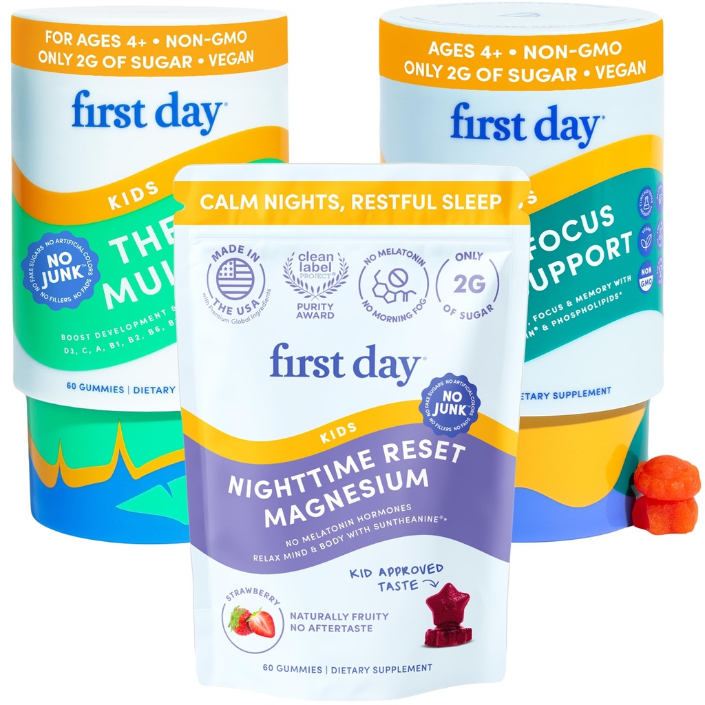 Første dag Kids Calming Magnesium (Jordbær), Multivitamin (Jordbær & Orange), & Brain Focus (Peach) Gummeas 124; Daglige næringsstoffer, Mood & Focus Measures 124; Clean Label Project Verified ® Measures 124; Vegan Measures 124; 30- Days