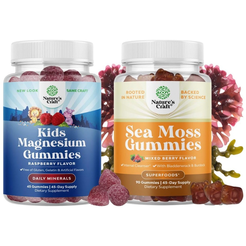 Bundle of Kids Magnesium Gummies - Rolig afspænding Mg Citrate med Raspberry Flavor for Nerve Health Muscles & Heart Support og Irish Sea Moss Gummies med Irish Sea Moss, Bladderwrack & Burdock Root