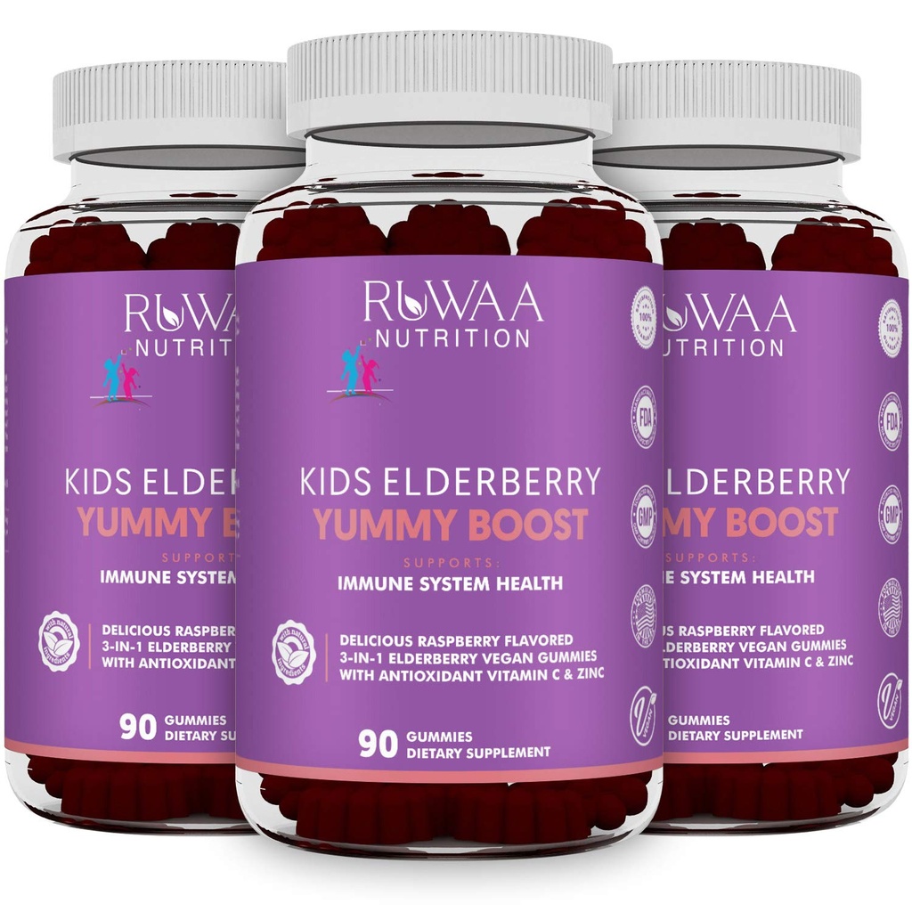 RUWAA NUTRITION Sambucus Elderberry Gummies for Kids with Zink & Vitamin C: Antioxidant, immunsupportvitaminer, understøtter immunsystemet Sundhed: Vegetarisk, Gluten Free, Gelatine Free (3)
