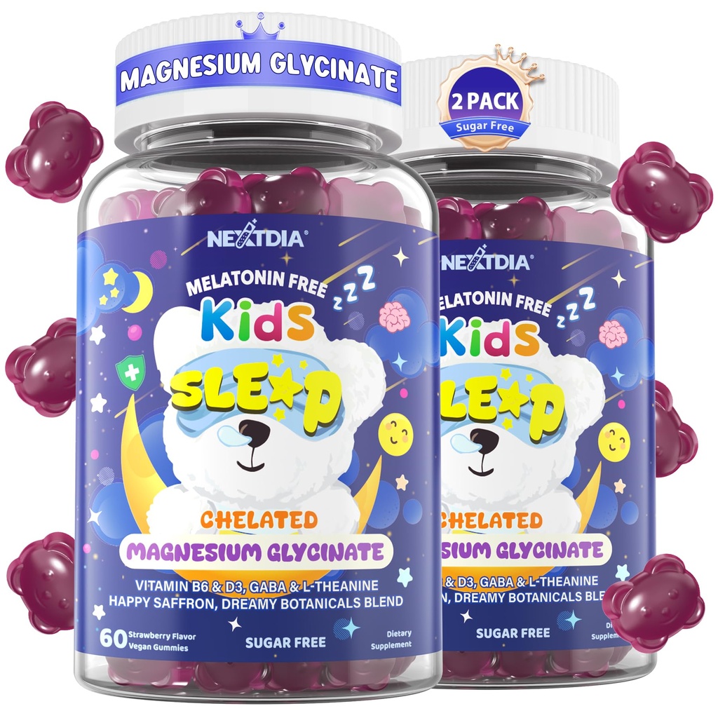 Kids Sleep Gummies NO Melatonin - Triple Magnesium Glycinate + Safran, GABA, Berry & Nut Superfood Gummies, Sugar Free Nighttime Sleep Aid & Call for Kids 4 + Teens, Afslapning, Brain & Muscle, 2Pack