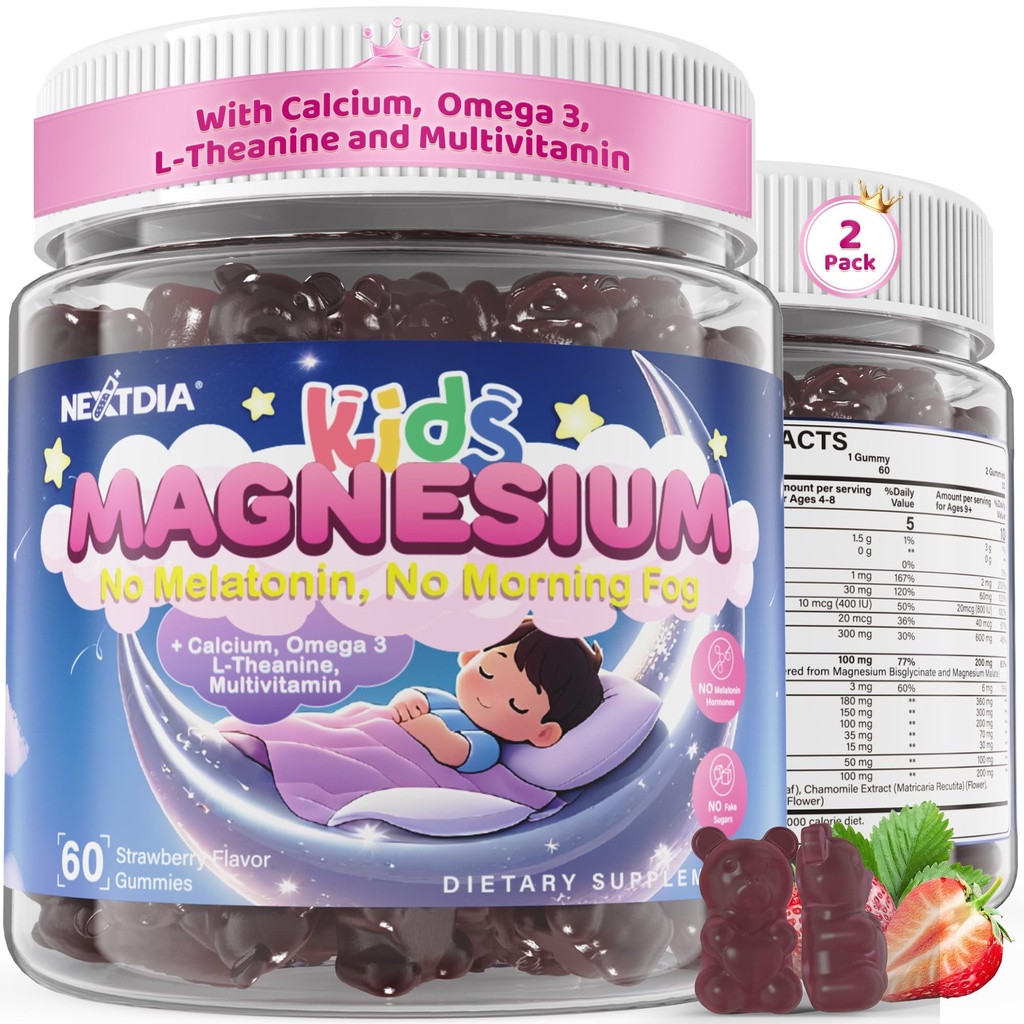 Kids Magnesium Glycinate Gummies + Calcium + Omega 3 - Kids Sleep & Calm Gummies, Melatonin Free Magnesium Gummies + L- theanin, B6, D3 & K2, Zink, C for Restaured Sleep, Bones, Brain & Immunity, 2 Pack