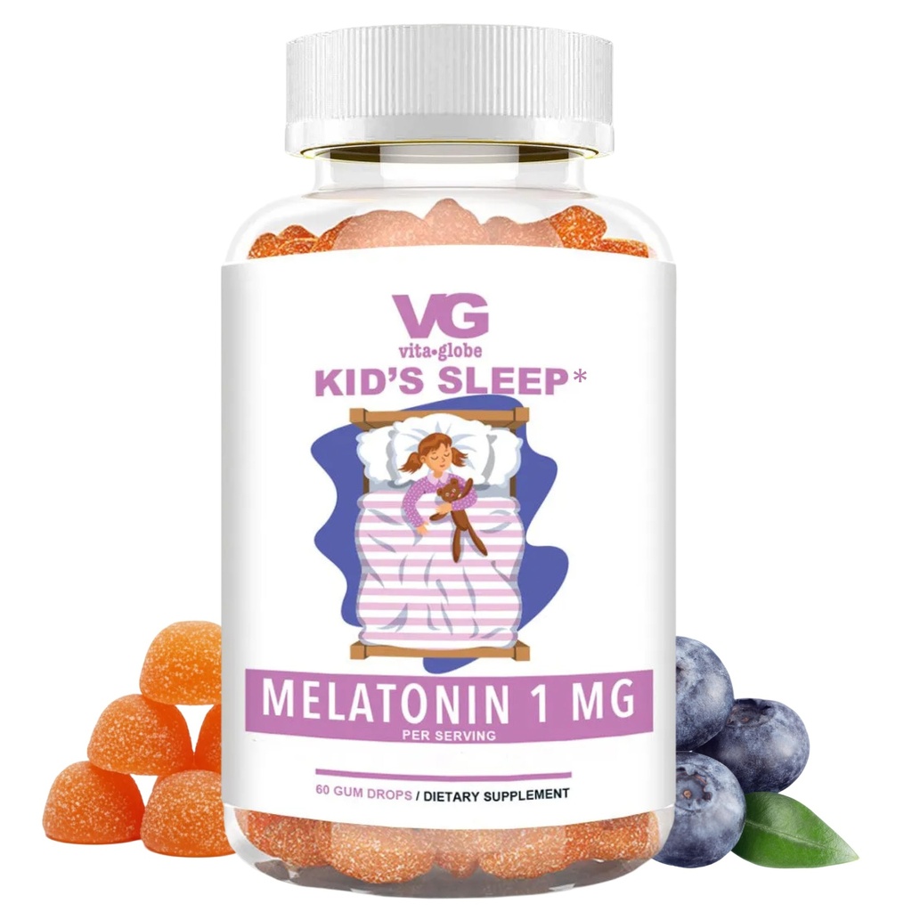 VITA GLOBE Kids Sleep Melatonin Gummies 1mg, Children 's Chewable Melatonin Gummy, Non-GMO, Vegan, Sleep Aid Supplement, Relieves Lejlighedsløshed, 60 Greve (pakke med 1)