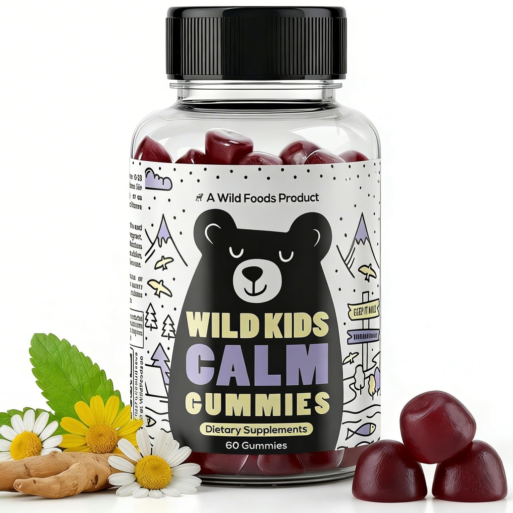 Wild Foods Kids Calm Gummies - Ashwagandha Gummies for Kids w / GABA, L- Theanine, Lemon Balm & Charmomile - Support Natural Relaxation, Stress Relief & Sleep, for Children 4 +, Berry Flavor, 60 Greve