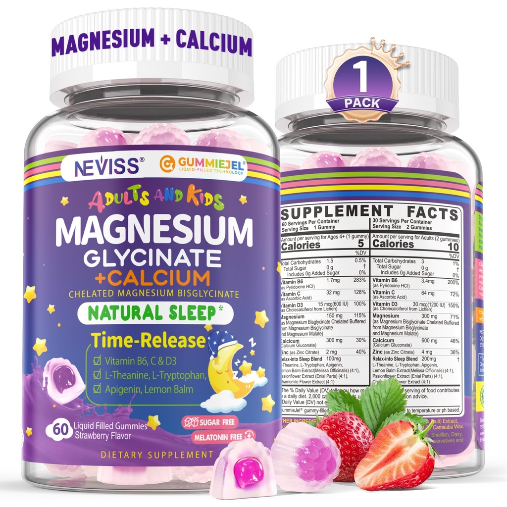 Neviss Magnesium Glycinat + Calcium fyldte gummier til voksne og børn 4 +, Kids Sleep Gummies Melatonin fri, Sukker fri Magnesium tillæg med B6 D3, L- Theanin til Zzz & Slap, Brain, Bone, Muscle