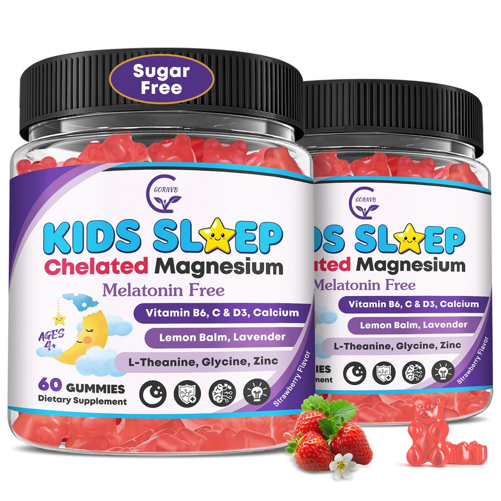 Kids Sleep Gummies, NO Melatonin Sleep Aid Gummies w / Magnesium Glycinate, Calcium Citrat, L- Theanin, GABA, Vitamin D3 K2 B6 Zink, Kamille & Lemon Balm for Zzz & Relax, Brain, Bone, Non- GMO 2Pack