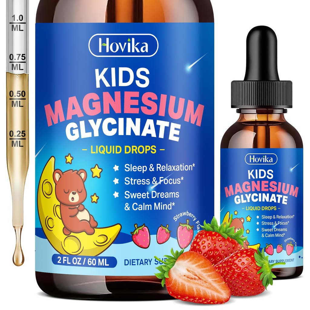 Magnesium Glycinate Flydende til børn - med L- Theanine Omega-3, B6-vitamin, D3, Zink - Kids Magnesiumdråber til søvn, afslapning, rolig & fokus - 2 Fl Oz, Strawberry Flavor