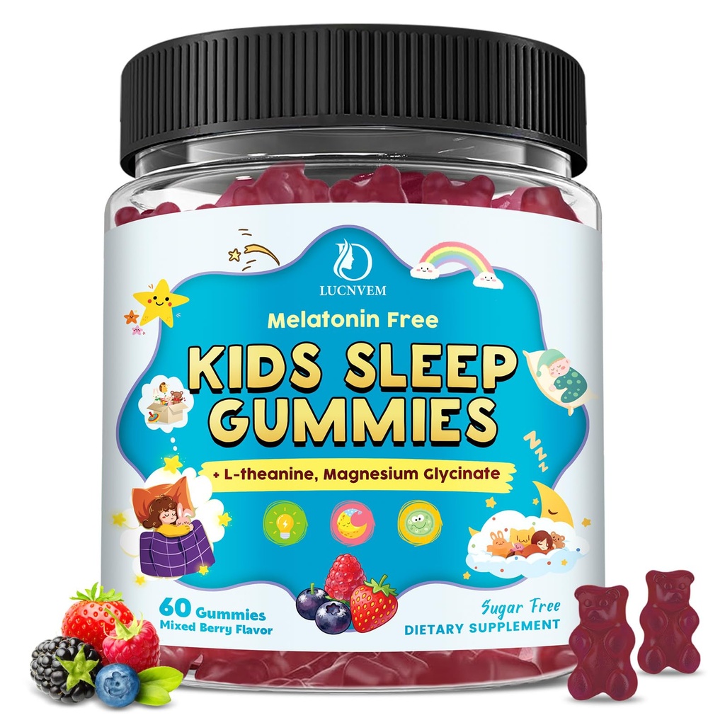 Kids Sleep Gummies med Magnesium Glycinate - Melatonin Free Bedtime Support for Kids - Rolig & Afslapning med L- Theanine, GABA, Kamille & Lemon Balm - Sukker Gratis blandet Berry Flavor, 60 Gummies
