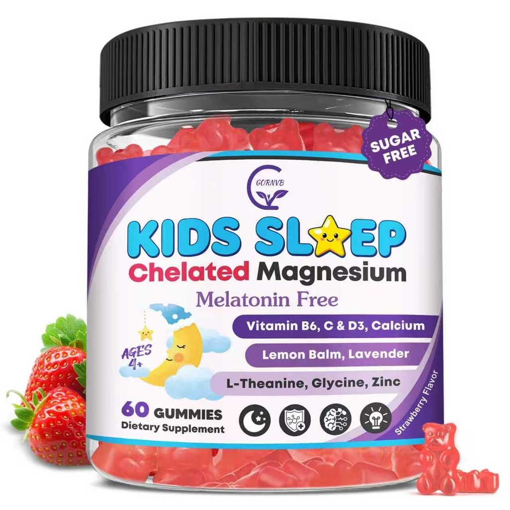 Kids Sleep Gummies, NO Melatonin Sleep Aid Gummies w / Magnesium Glycinate, Calcium Citrat, L- Theanin, GABA, Vitamin D3 K2 B6 Zink, Kamille & Lemon Balm for Zzz & Relax, Brain, Bone, Non- GMO 1Pack