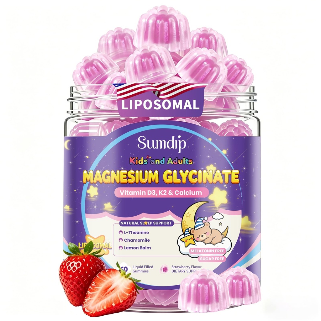 Magnesium Glycinate Gummies 400mg til børn og voksne - Liposomal Magnesium tillæg med D3, K2 og Calcium til søvn, rolig og knogler, melatoninfri, sukkerfri, Strawberry Flavor, 60 Gummies