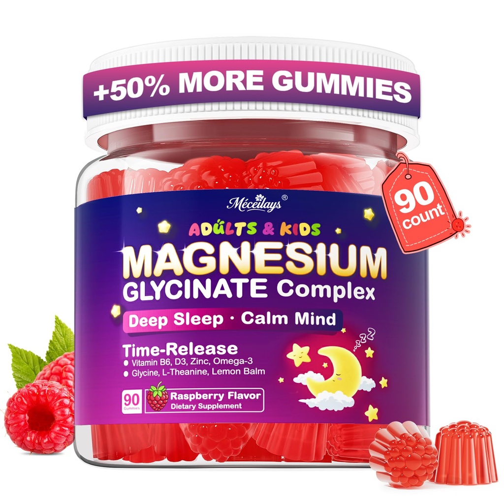 Magnesium Glycinat Gummier for børn 4 + & voksne, 90 Tæller nr. Melatonin Magnesium Gummier for søvn & ro, Sukker fri Vegan med Glycin, L- Theanin, B6, D3, Zink & Omega 3 - Raspberry Flavor