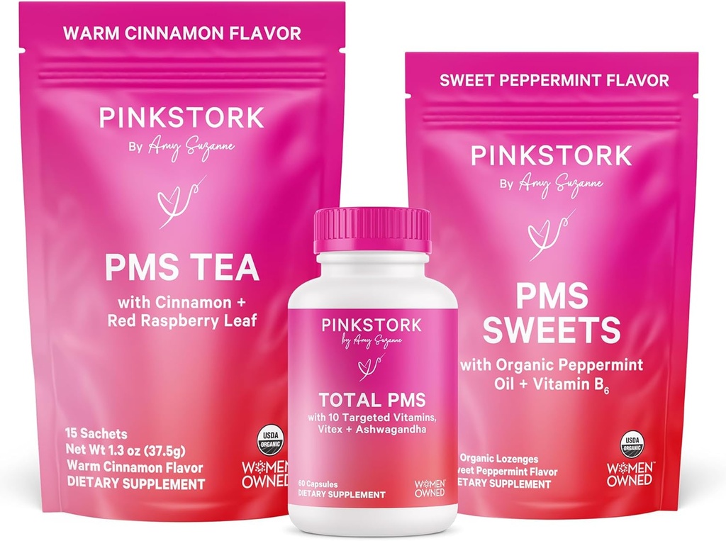 Pink Stork PMS Support Trio: Periode Relief Kosttilskud, kanel te, + pebermynte Sweets, Menstruel Support, Første Periode Kit, Hormonbalance for sund menstruationscyklus, Women- Ejet