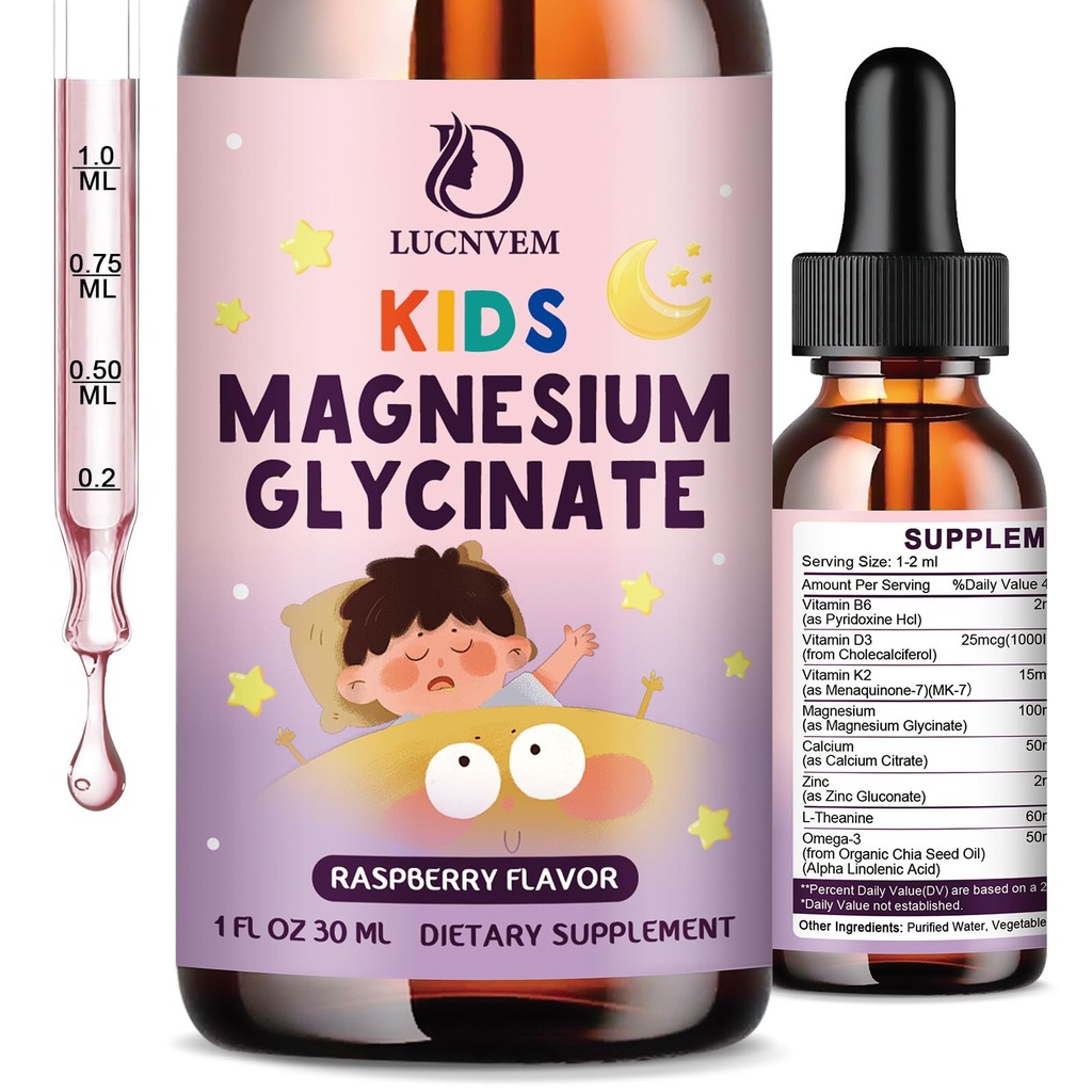 Kids Magnesium Glycinate Sleep Liquid Drops - Magnesium Glycinate med L-theanin til søvn & rolig support - Melatoninfri, sukkerfri Raspberry Falvor - 1 flasker, 30ml hver