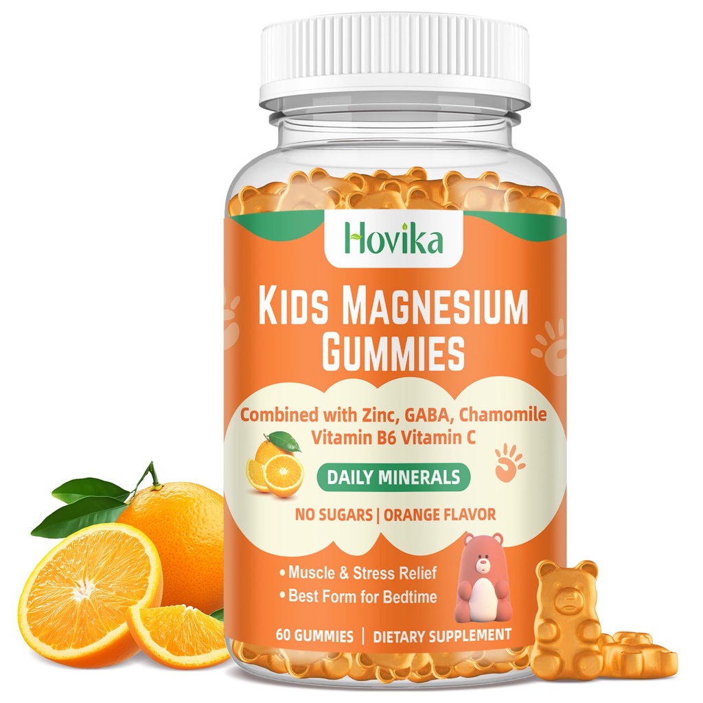 Magnesium Glycinat Gummier for børn: Rolig Magnesium supplement for børn og voksne med zink citrat, GABA, kamille, B6-vitamin & C - Søvn, afslapning & fokus, Orange Flavor 60 Greve