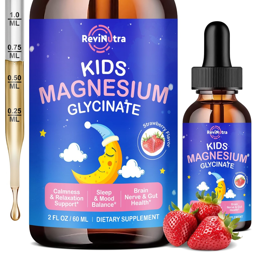 Magnesium Glycinate Væske til børn - Citrat, Malat med Omega-3, L-Theanin, GABA, Kamille, 5-HTP, D3, Zink, Kids Magnesium Drops til søvn, rolig, afslapning & Focus, Jordbær Flavor, 2 Fl Oz