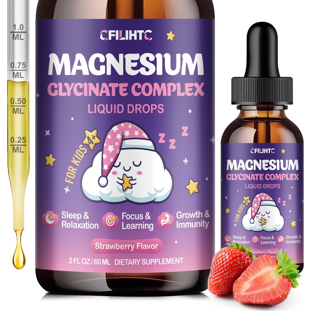 Magnesium Glycinate Flydende til børn - Magnesium Bisglycinate Drops med L- Theanin, Kamille & Vitamin B6, B12, C, D3 for søvn, afspænding, immunforsvar, rolig & Focus - 2 Fl Oz, Strawberry Flavor