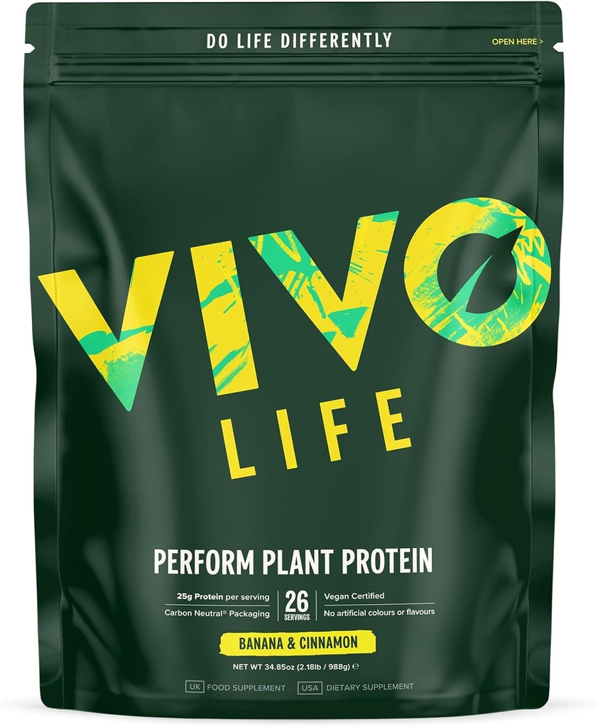 Vivo life Perform Plant Protein Powder - Pea & Hamp Protein Blend med BCAA (34.85 oz, Banana & Kanel)