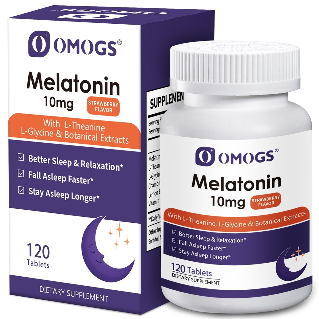 OMOGS Melatonin, hurtigt opløses Melatonin 10mg tabletter, med L- Theanin, L- Glycin & Vitamin, understøtter afslapning og sunde sovekredse, Jordbærsmag, 120- dages forsyning