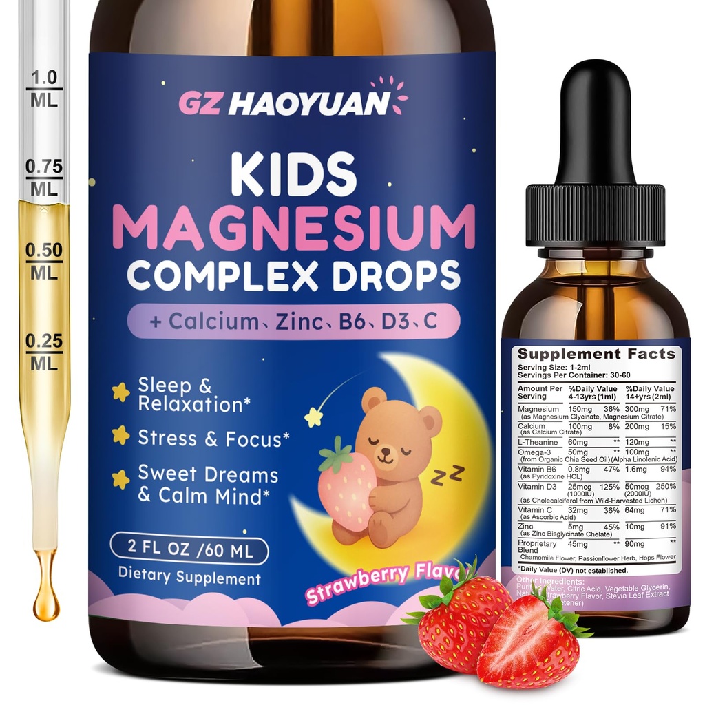 Kids Magnesium Liquid Drops - Magnesium Glycinate Drops til børn, Citrate Flydende med Calcium, Omega-3, L- theanin, Zink, Vitamin B6 D3 C til søvn, Afslapning, Rolig & Focus, Strawberry Flavor, 2 Fl Oz