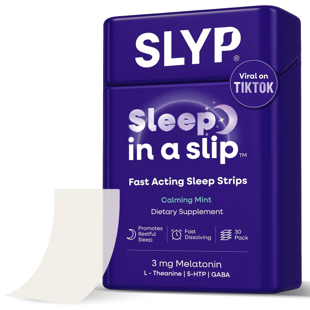 Slyp Fast- Opløsning Oral Mint Sleep Strips, Natural Sleep Aid for Voksne & Børn med Melatonin 3 mg, L- Theanine, GABA & 5- HTP for Calm Support & Alternativ til Sleeping Pills & Gummies - 30 Strips