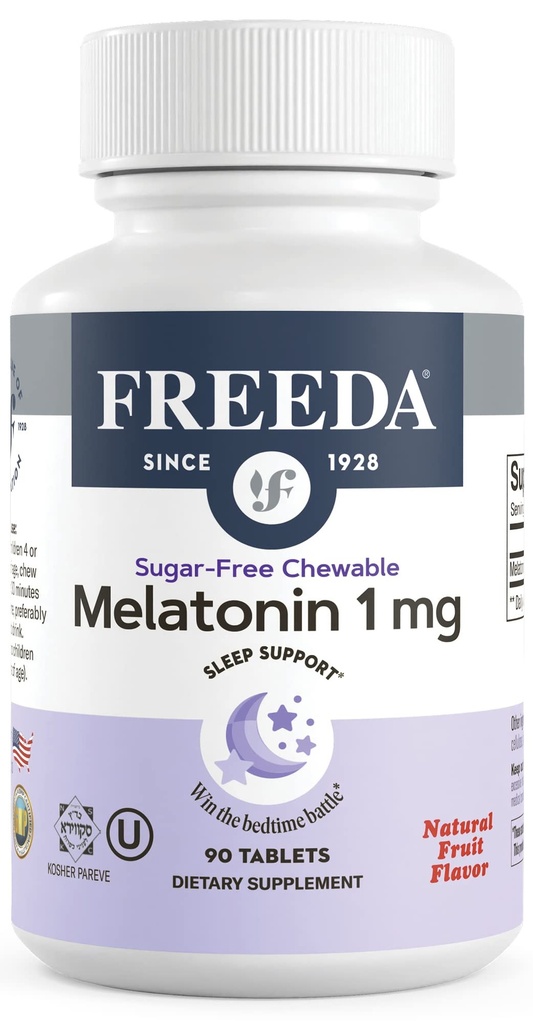 FREEDA Melatonin 1 mg Sugar- Free Chewable Tablets - Natural Fruit Flavor Sleep Aid til voksne og børn 3 år og op - non-Habit Forming, Vegan, Gluten- Free, Kosher - Made in USA (90 Count)