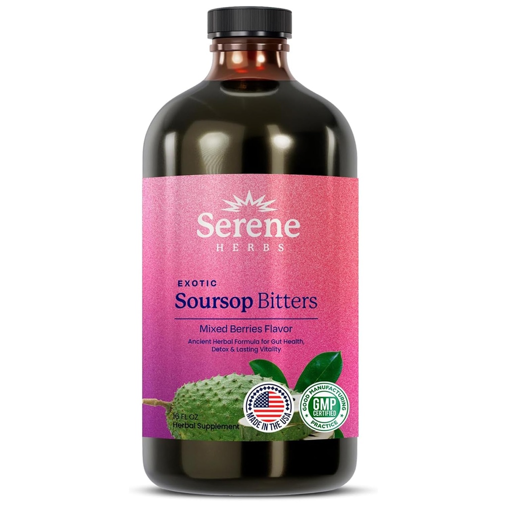 Serene urter Soursop Bitters Flydende med Soursop blade til Gut Cleanse, Detox & immunboost med sort frø, Moringa, Irish Moss, Ashwaganda, Gurkemeje, 16 fl oz (16 Fl Oz (pakke med 1), blandet berry)