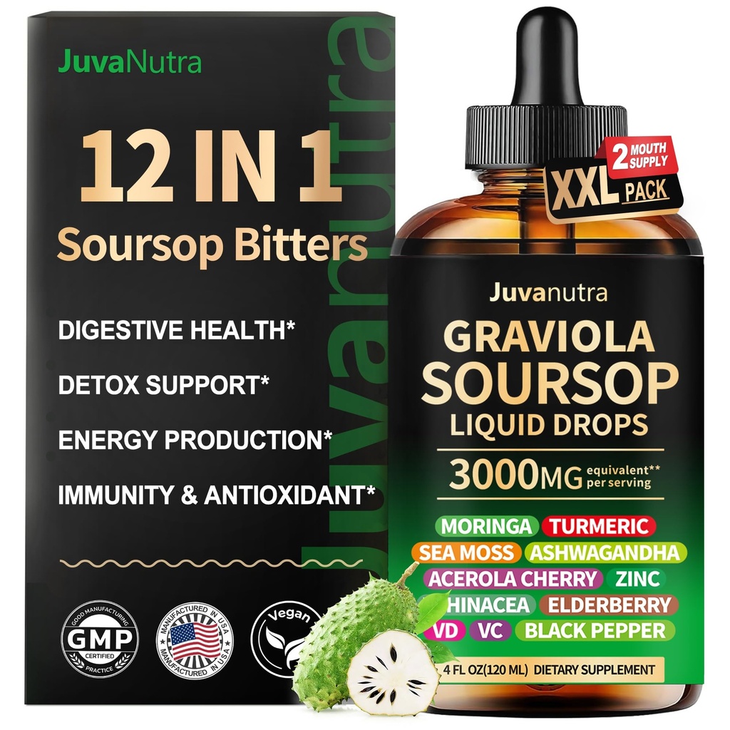 (4 Fl Oz) Soursop Bitters Liquid Drops 12 i 1 med Sea Moss, Moringa, Gurkemeje, Echinacea & Ashwagandha Extract - Herbal Tonic til fordøjelig Wellness & immunforsvar